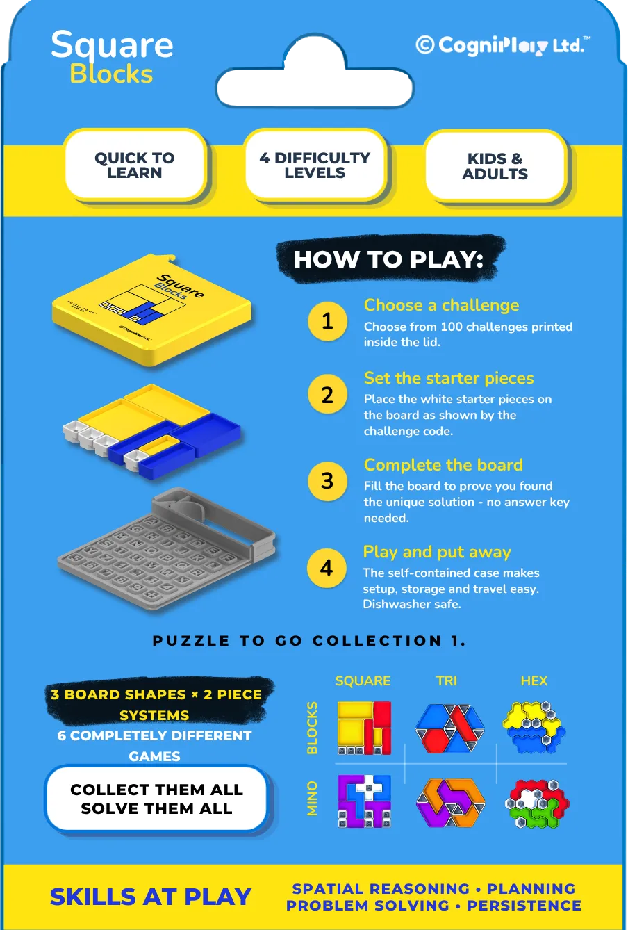 Back of the Square Blocks pack, showing the how-to-play steps and the six-game range.